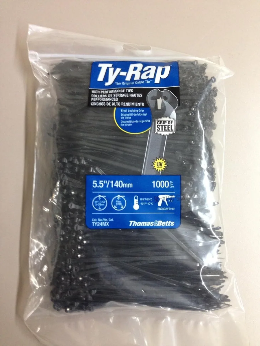 Black nylon cable ties with stainless steel locking heads, bulk pack of 1000