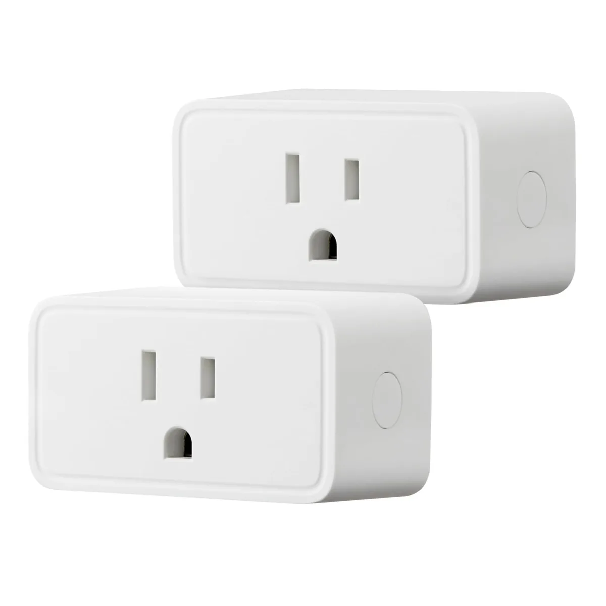 Two compact white smart plugs with NEMA prongs side by side