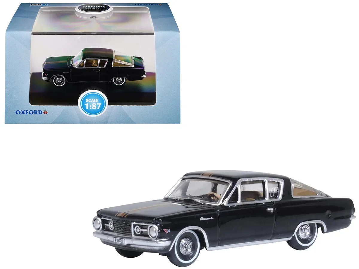 Oxford Diecast Oxford Diecast 1965 Plymouth Barracuda Black with Gold Stripes 1/87 hobby collectible — product photo