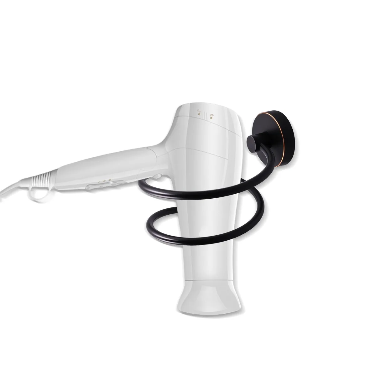 Wall-mounted hair dryer holder with chrome stainless steel spiral ring and black base