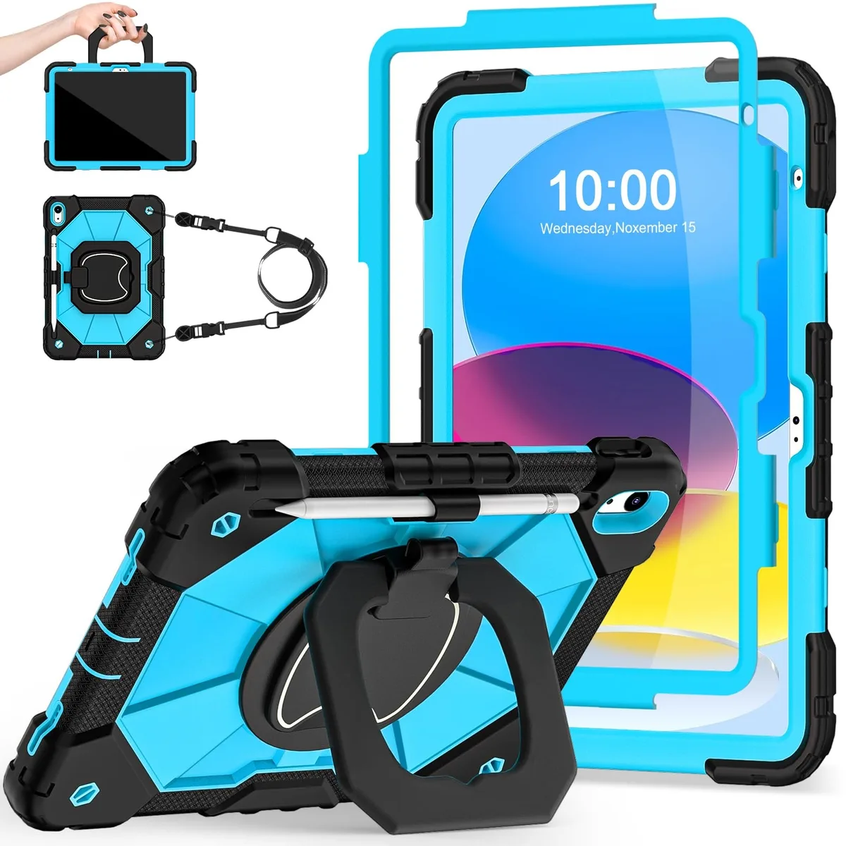  Speck iPad (A16) 11th/10th Gen Case with Screen Protector, Stand, Strap — Black Blue — product photo