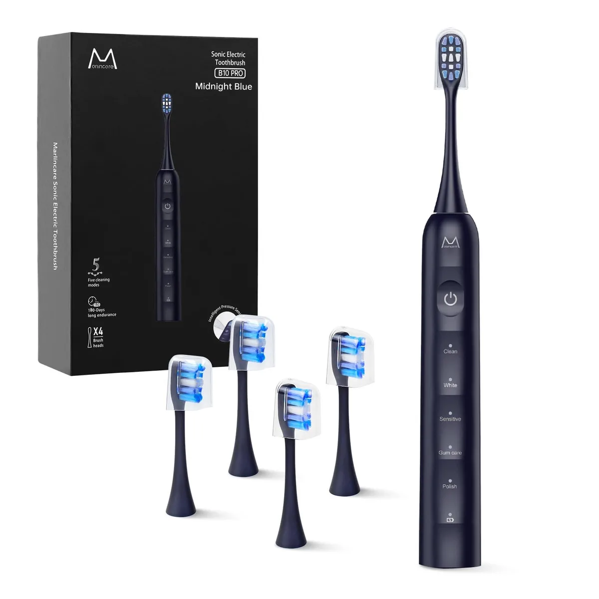 White sonic toothbrush handle with travel case and four brush heads