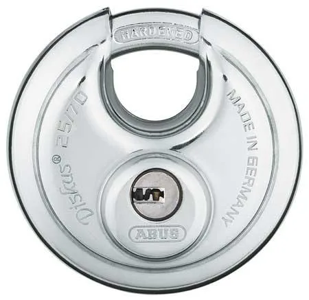 Silver disc-shaped padlock with powder-coated stainless steel body and 10-pin dimple key