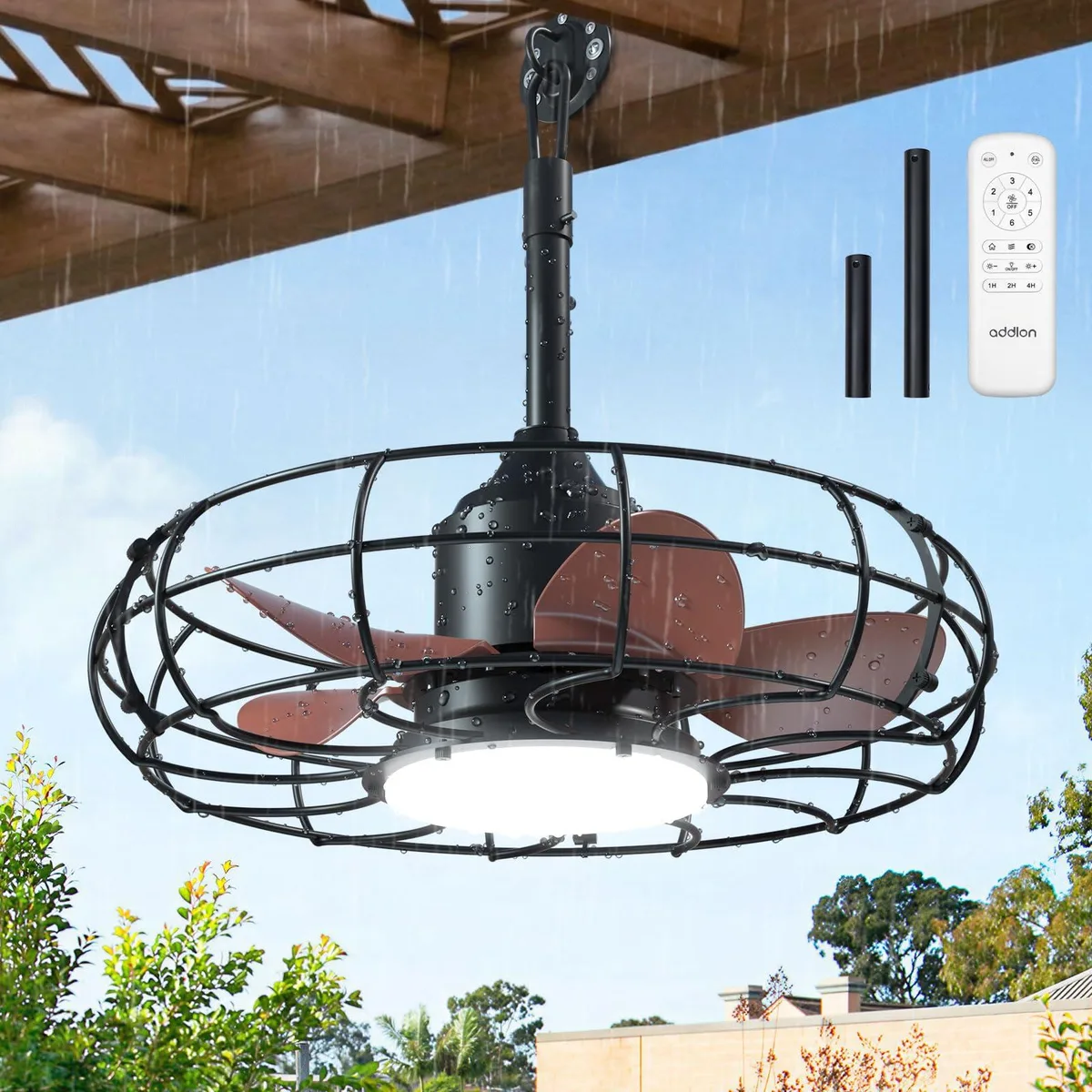 Twenty-inch caged ceiling fan with light, powder-coated metal finish, plug-in design