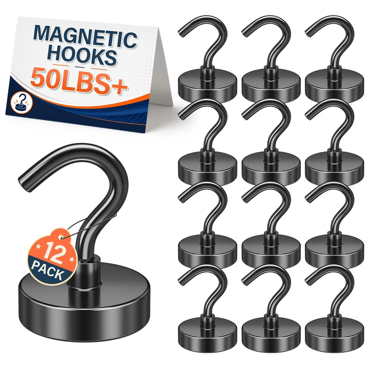 Twelve black magnetic hooks, each point seven nine by one point three five inches, nickel coated