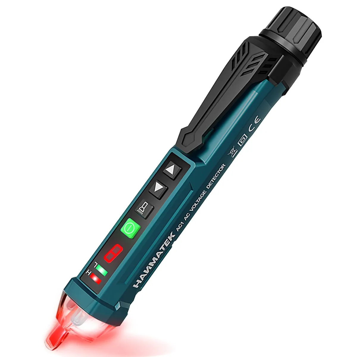 Pen-style voltage tester with LCD display, LED flashlight, and adjustable sensitivity dial