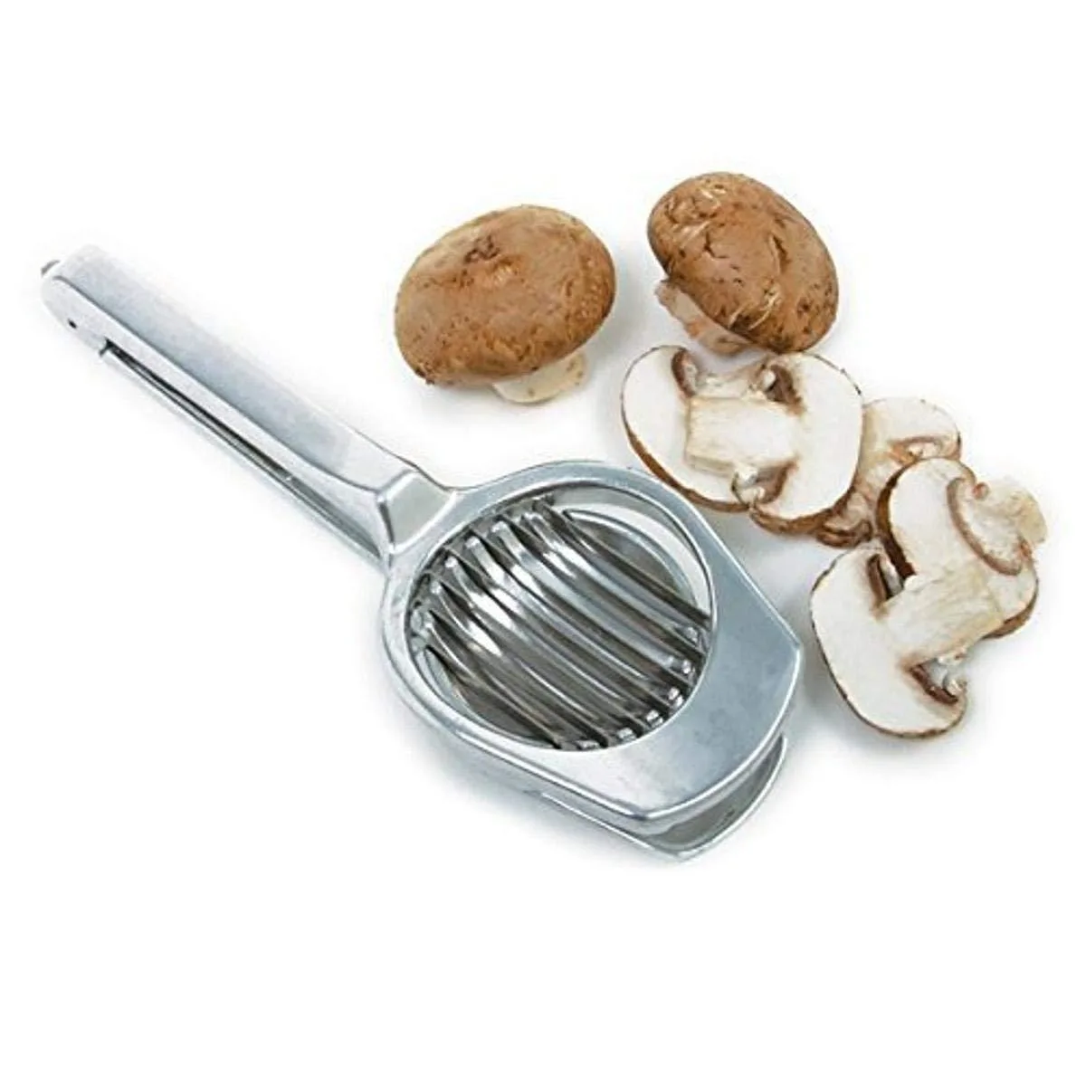 Stainless steel mushroom egg slicer, hinged rectangular frame with wire cutting grid