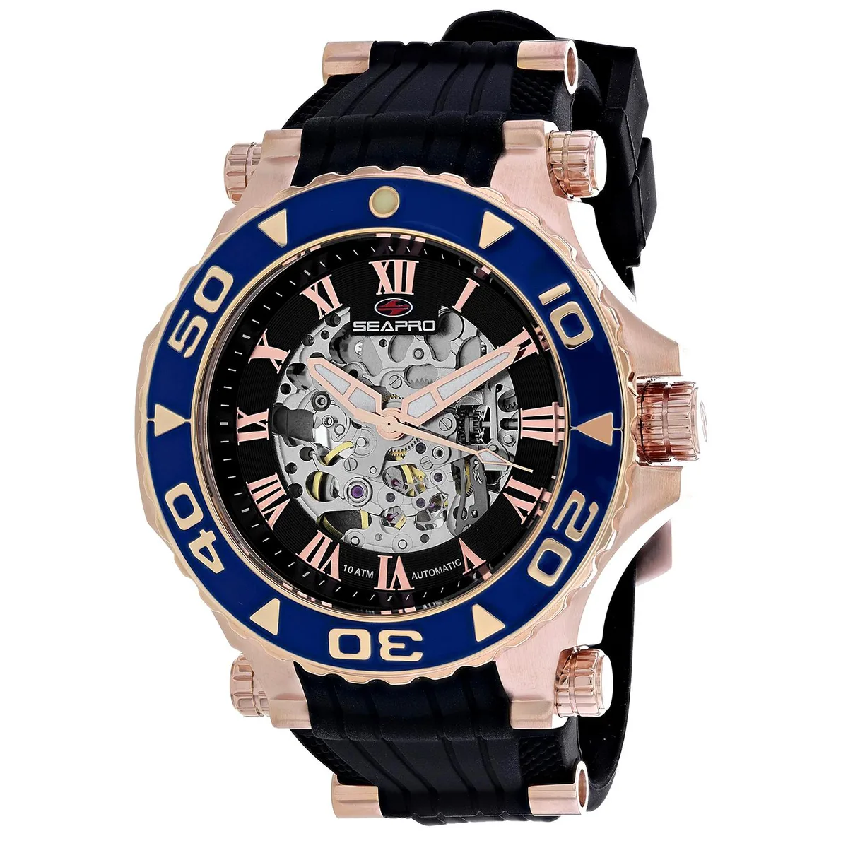 Stainless steel automatic watch with black dial and rubber strap