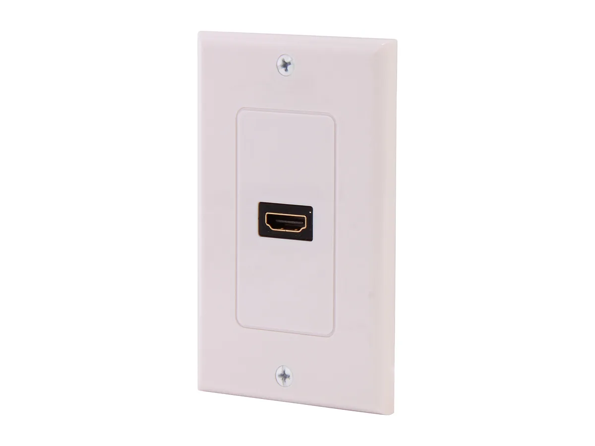 White single-gang HDMI wall plate with a female-to-female 19-pin coupler