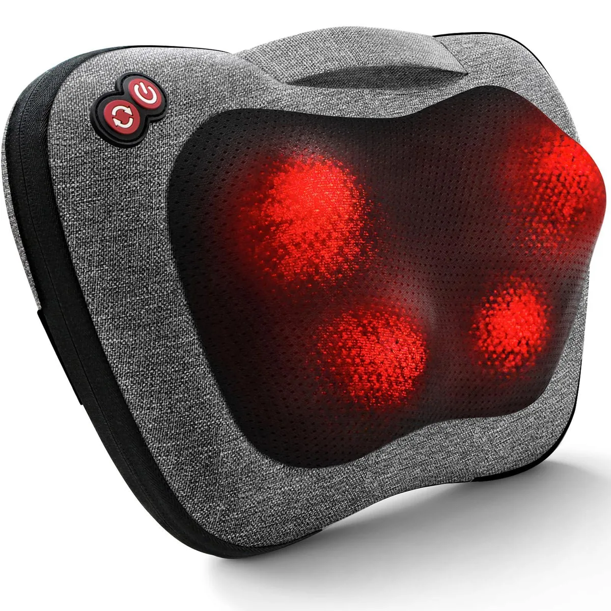 Gray rectangular massage pillow with mesh sides and corded plug