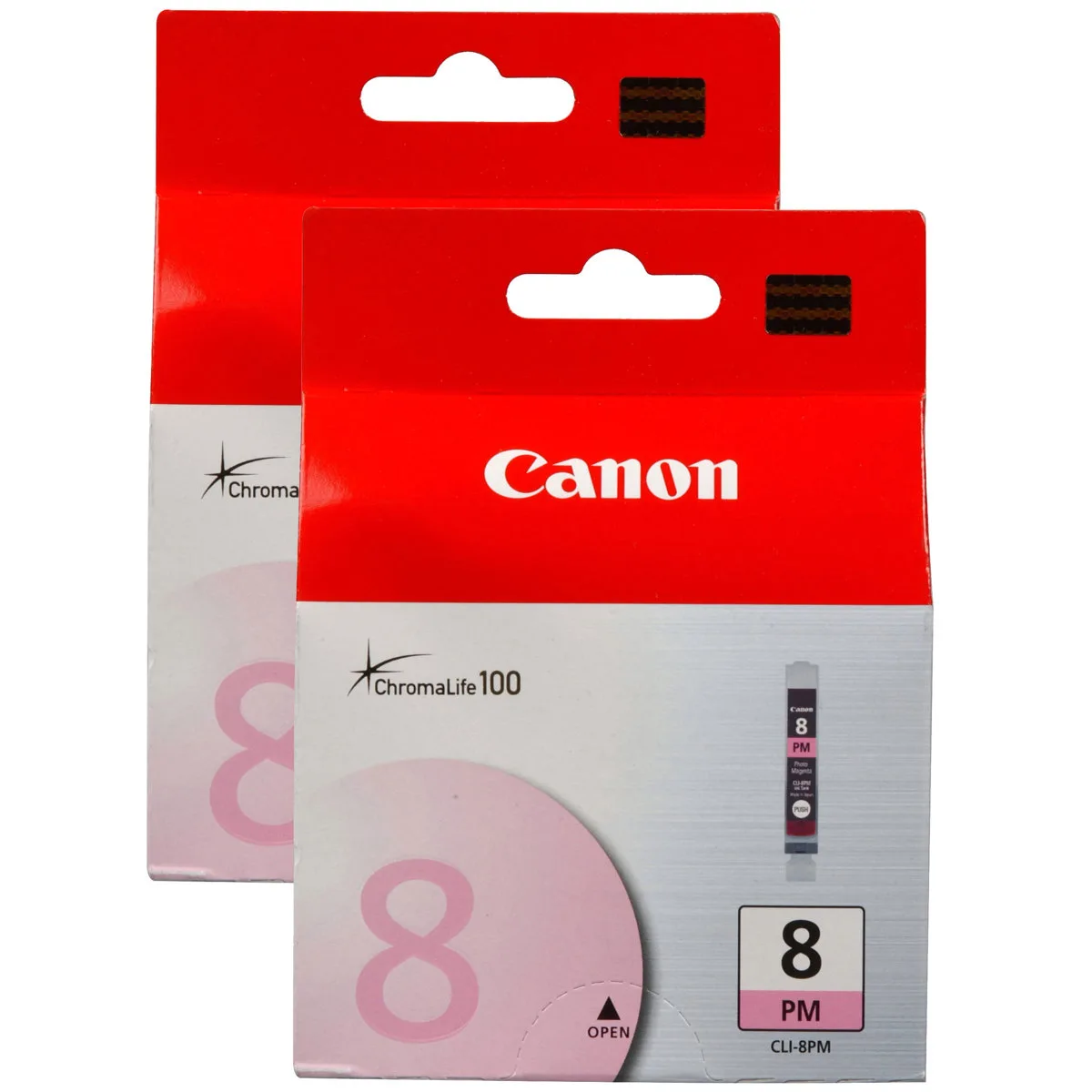 Two sealed Canon CLI-8PM photo magenta ink cartridges in retail packaging