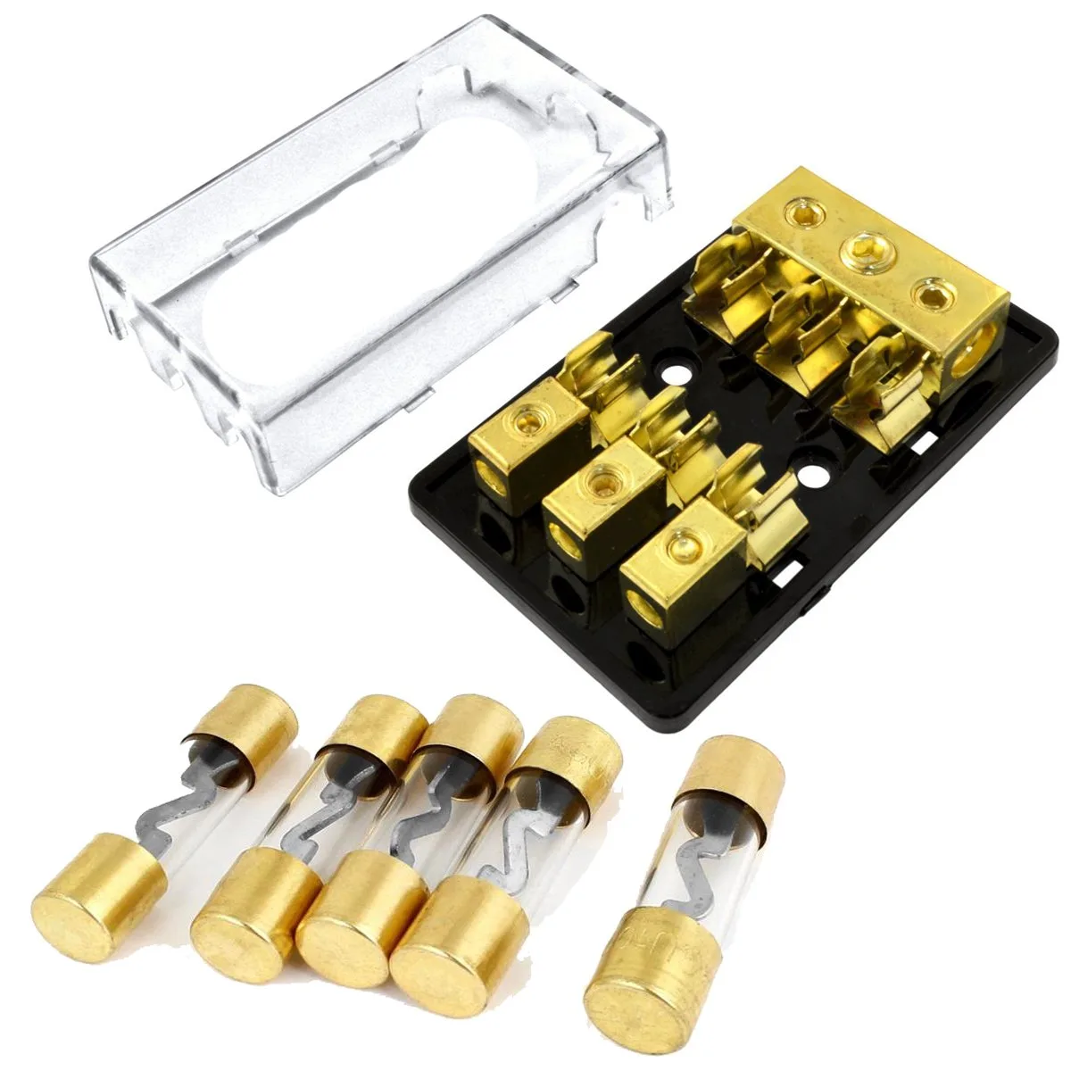 The Wires Zone The Wires Zone AGUDB-3 3-position AGU distribution block 4/8 gauge with 5× 100 A fuses — product photo