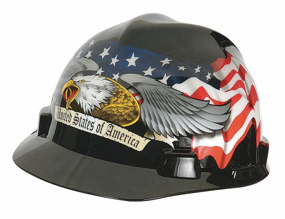 Black front-brim hard hat with eagle and American flag graphic, ratchet suspension, polyethylene shell