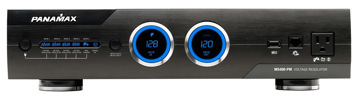 Panamax M5400-PM 11-outlet power conditioner, black rectangular chassis with digital voltmeter display