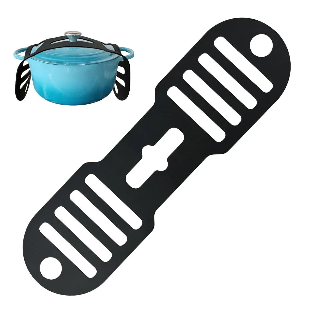 Black silicone strap with multiple adjustment holes, 17.9in long, shown wrapped around a slow cooker lid