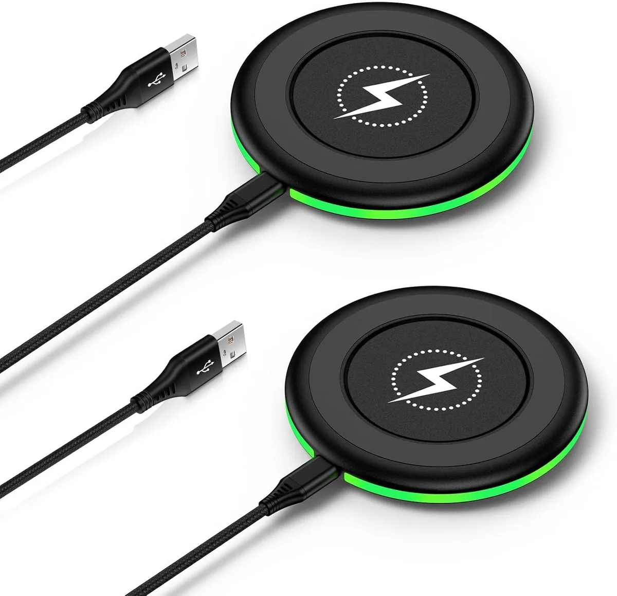 Two slim black circular charging pads side by side