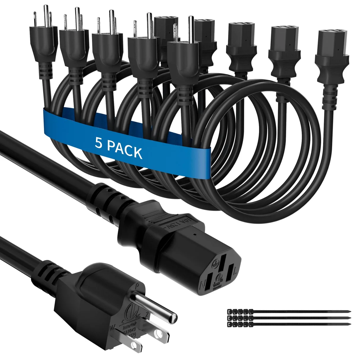 Adoreen 3 ft 5-pack computer power cord 5-15P to C13 C14 SJT 18AWG 10A 125V ETL black with ties — product photo