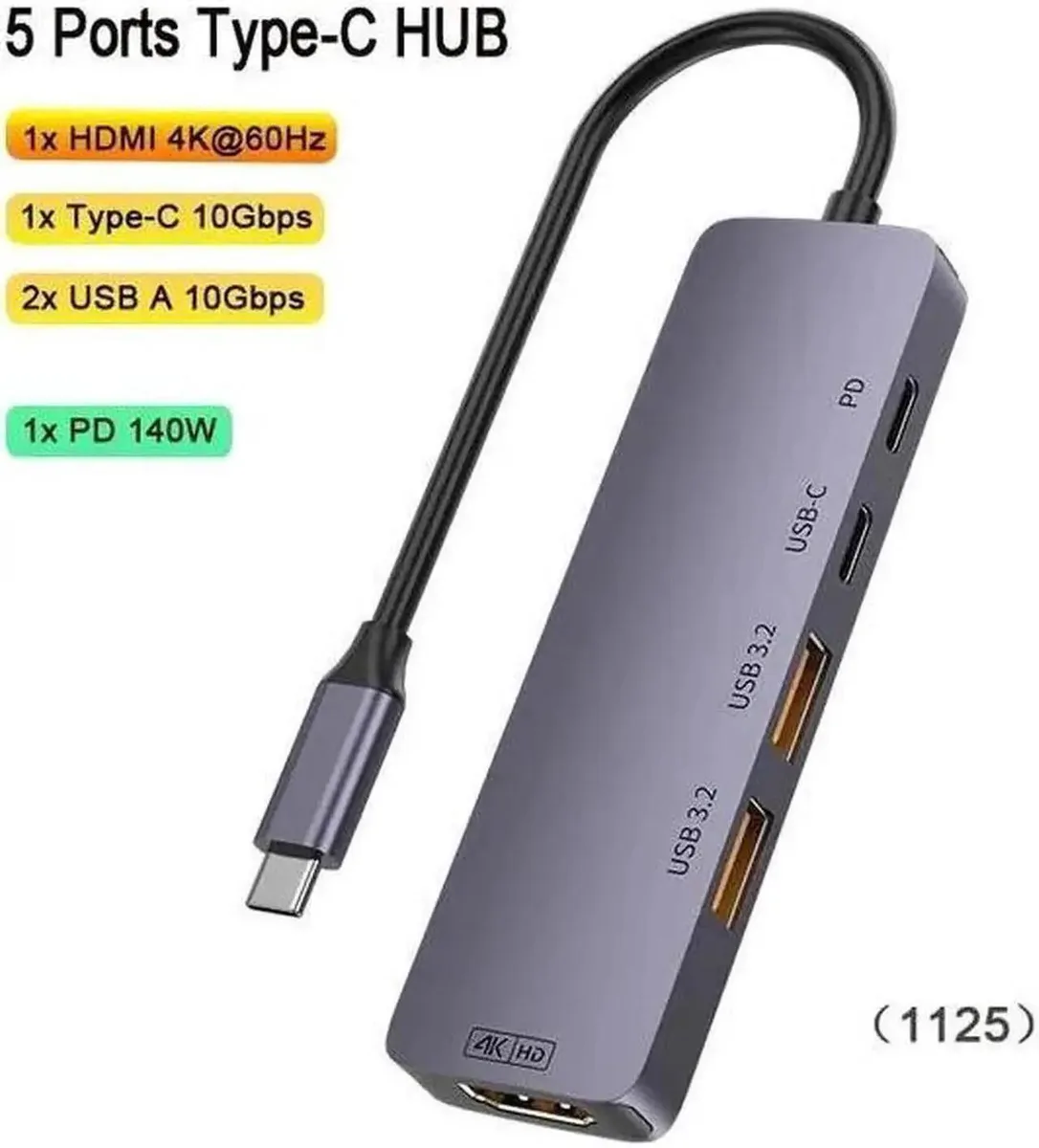 SMUGDESK SMUGDESK 5-in-1 USB 3.2 Gen 2 Hub 10Gbps 4K@60Hz HDMI 140W PD usb display adapter — product photo