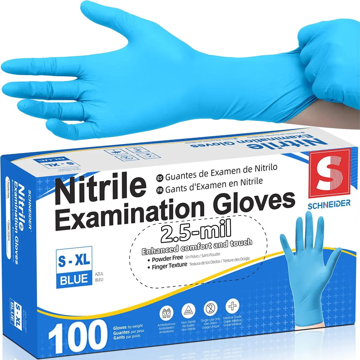  Schneider Nitrile Gloves Medium Blue 2.5-Mil 100 Count — product photo