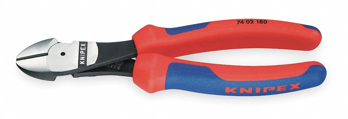 Blue and red diagonal cutting pliers with ergonomic overmolded handles and forged-on axle visible
