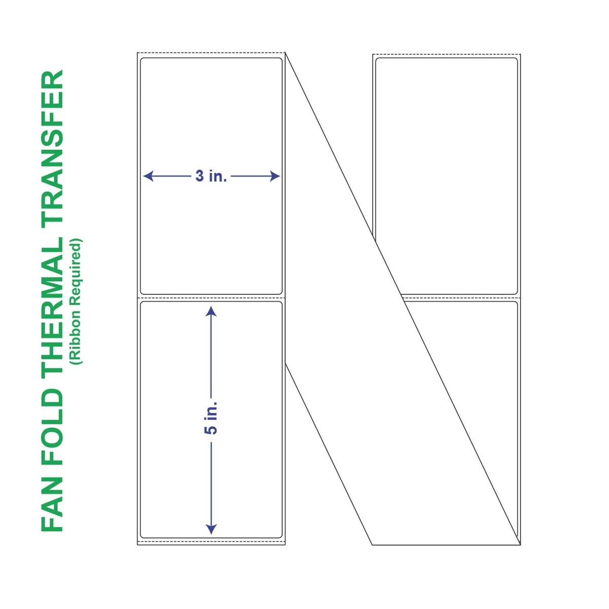 Two white rectangular label stacks, fan-folded, perforated edges visible
