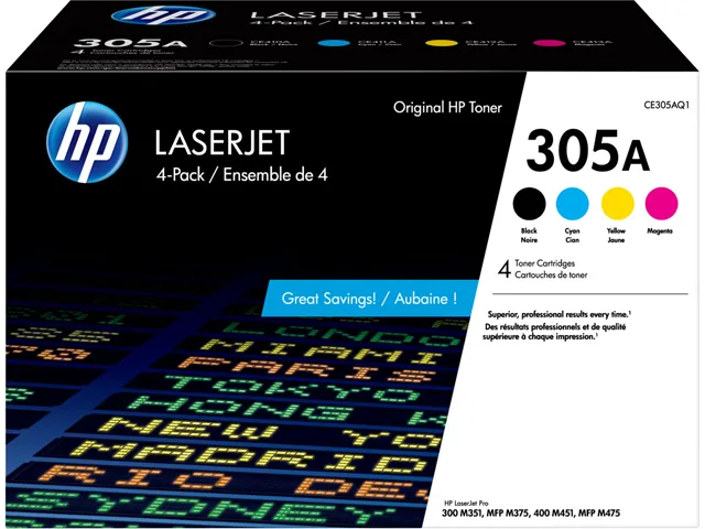 HP HP 305A CE305AQ1 toner cartridges (genuine brands) 4-pack black cyan magenta yellow — product photo