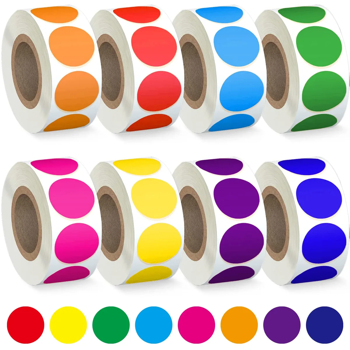 Eight rolls of 3/4 inch round color coding dot stickers in assorted colors