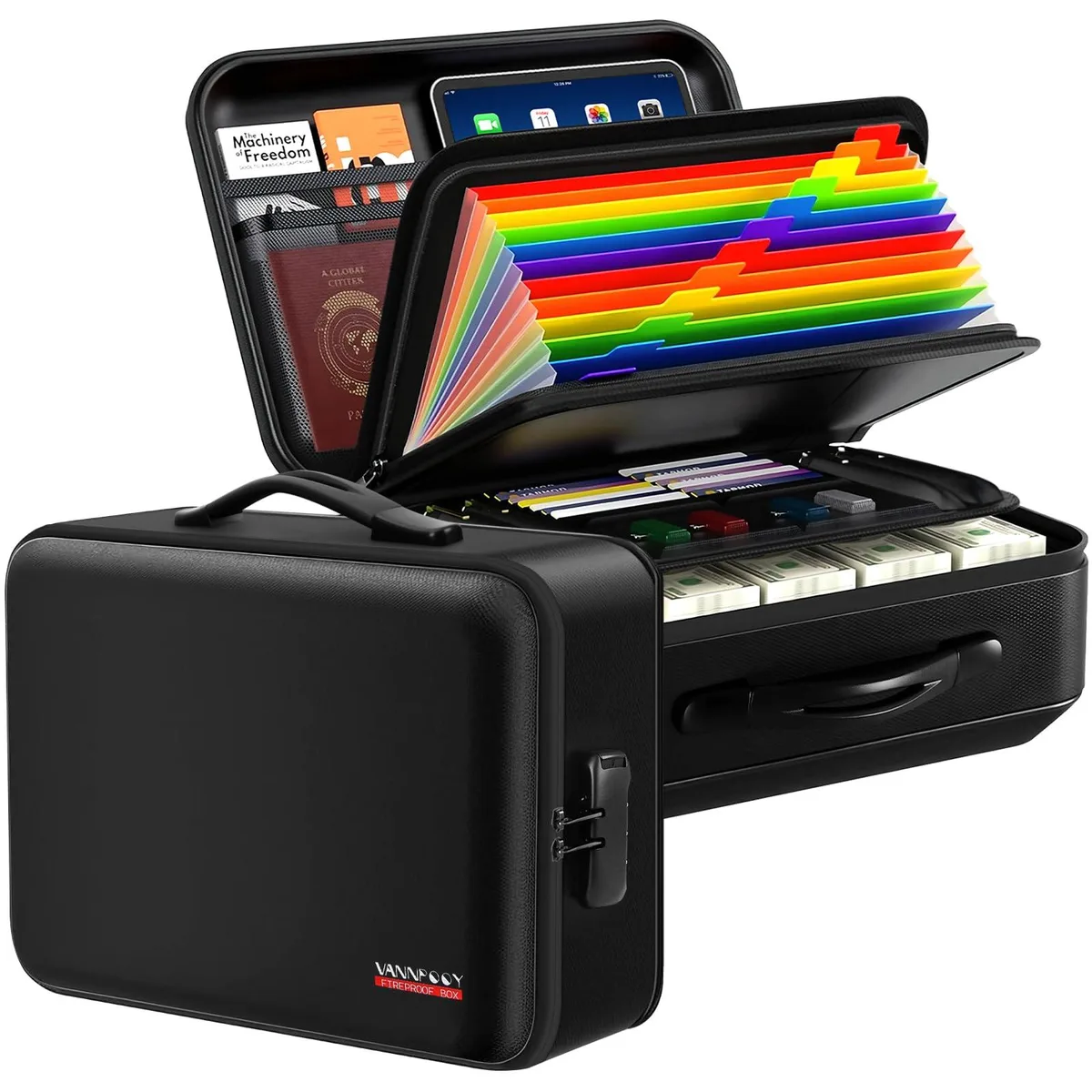 Black hard-shell fireproof document box with metal handle, combination lock and zipper closure
