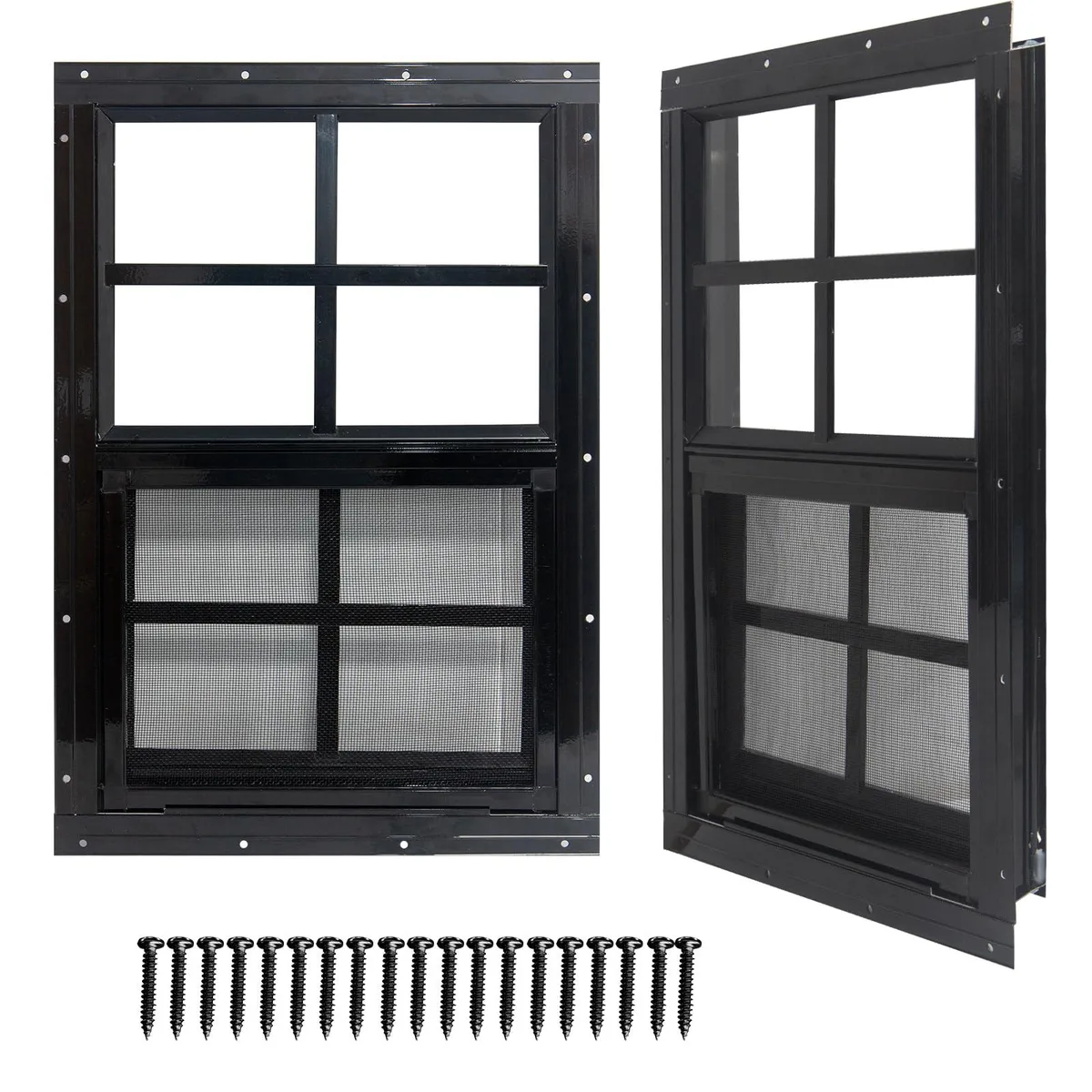 Two black aluminium sliding shed windows with tempered glass and fibre-glass screens