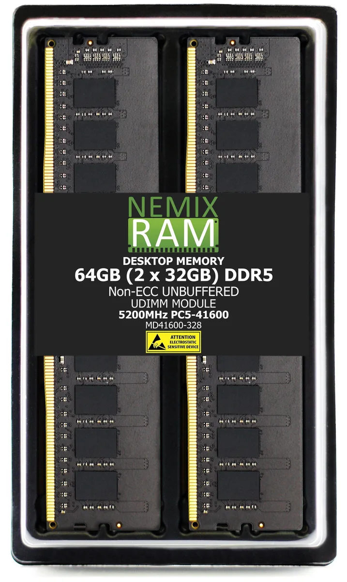 NEMIX RAM NEMIX RAM 64GB (2 x 32GB) DDR5 5200 PC5-41600 2Rx8 1.1V 288-PIN Non-ECC UDIMM server RAM — product photo