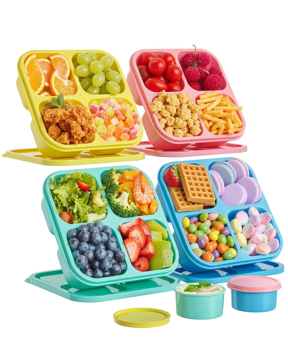 Four rectangular plastic snack boxes in assorted colours with cat-ear lids and sauce cups