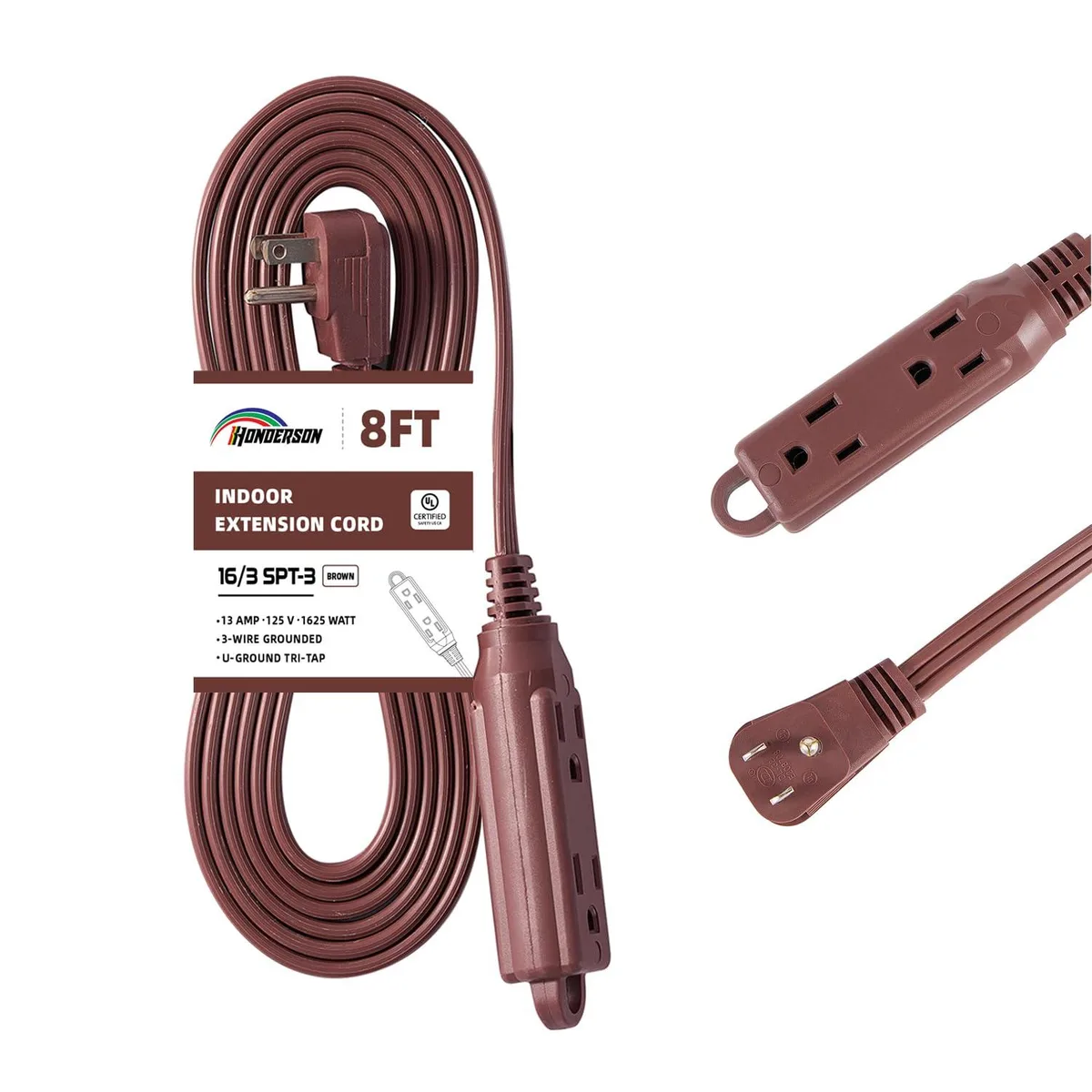 HONDERSON E163P08GT2BR 3-Outlet 16 AWG 8 ft Brown Power Extension Cord — product photo