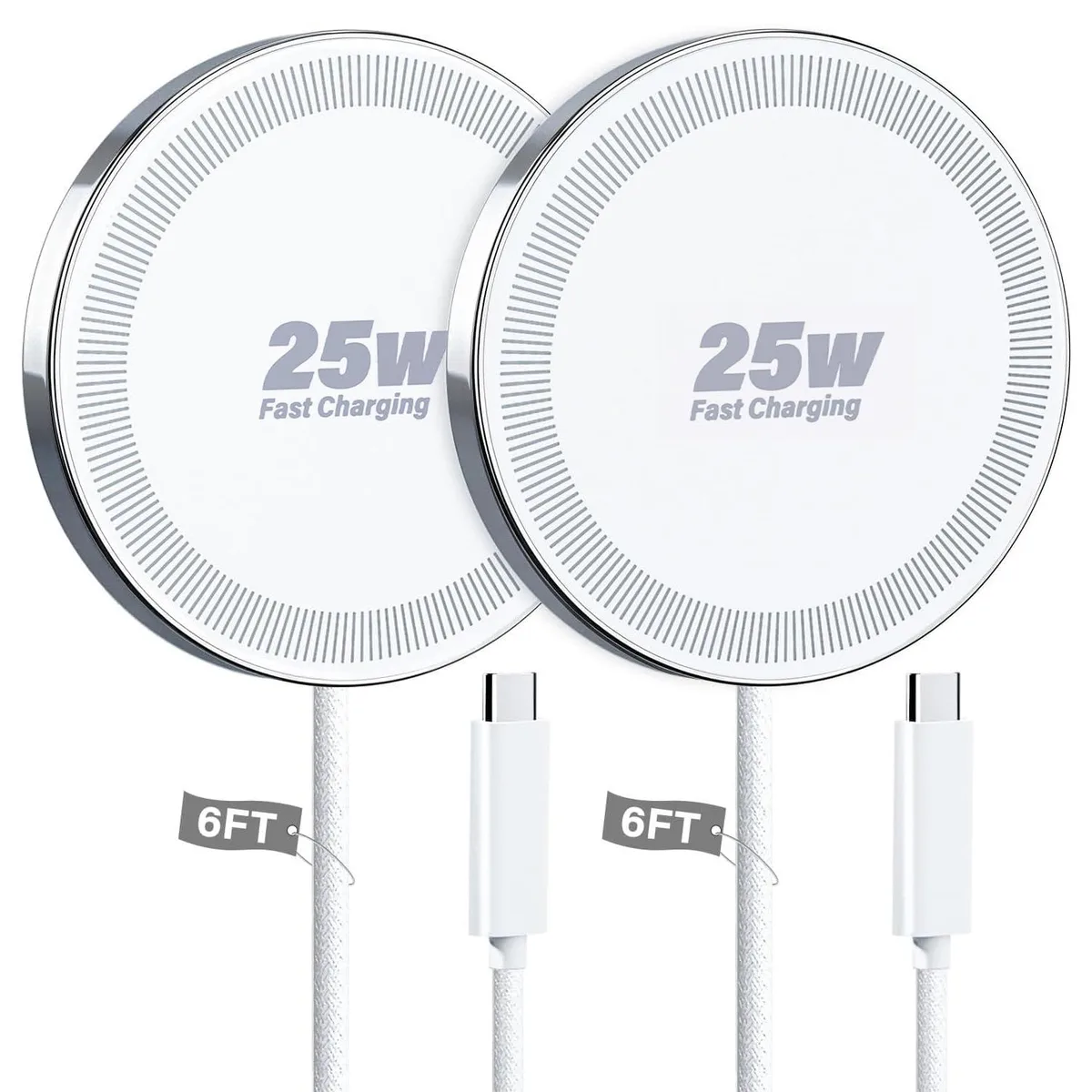 Two white magnetic wireless charging pads with six foot cables