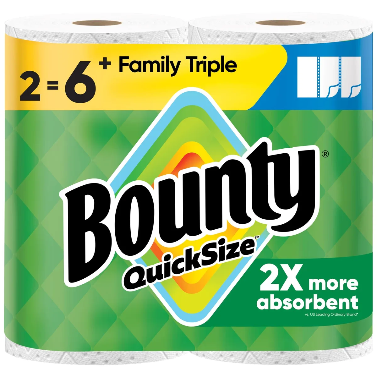 White Bounty paper towel pack, two triple rolls, 141 sheets, rectangular box
