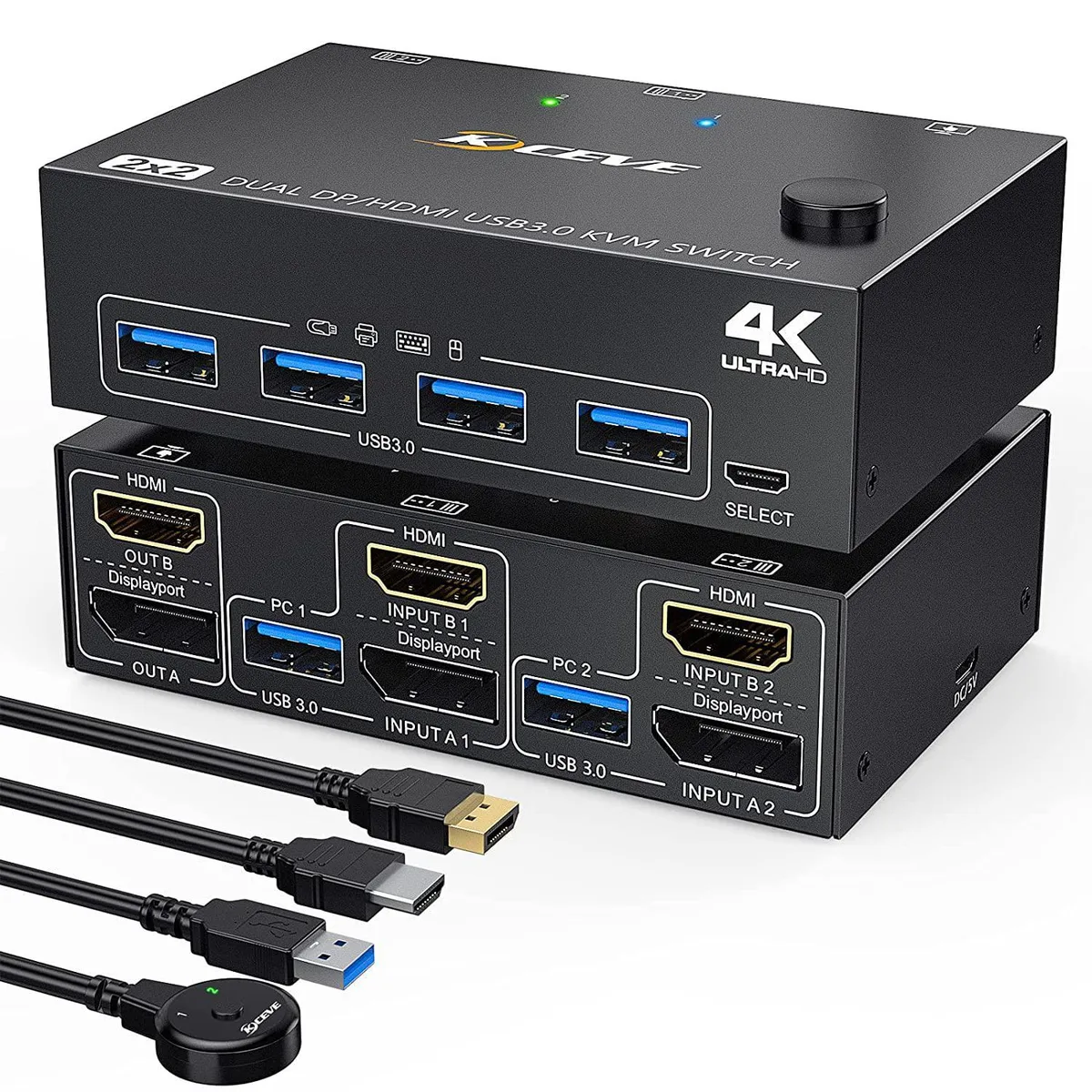 WRIARICH WRIARICH Dual Monitor HDMI DisplayPort KVM Switch 2 PCs 2 Monitors 4K 60Hz 4 USB 3.0 — product photo