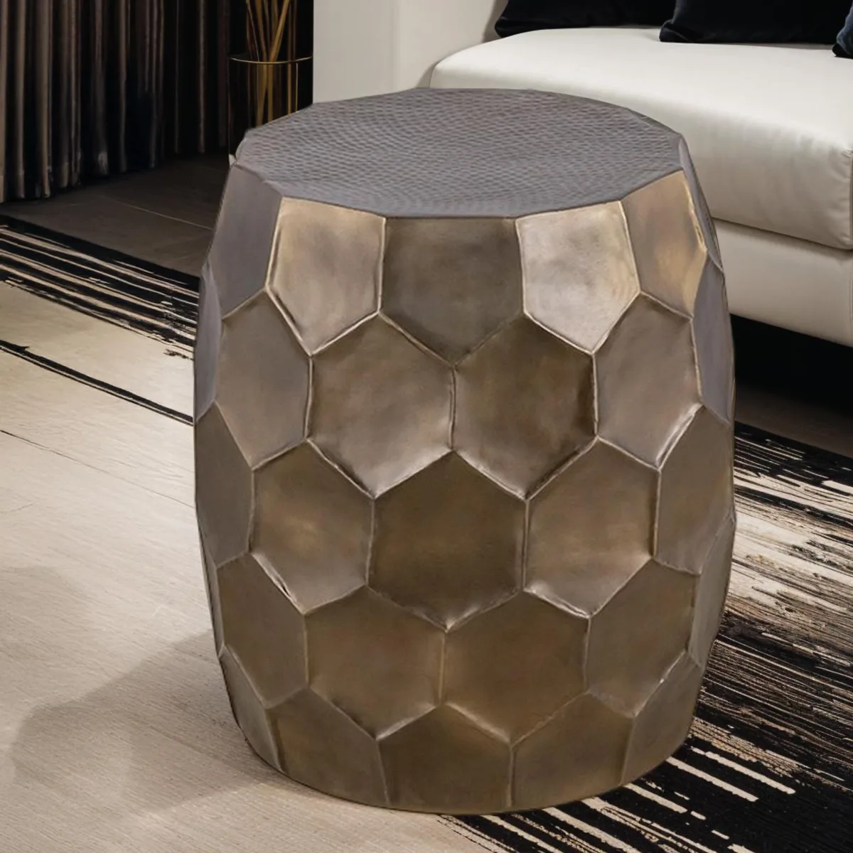 Gold aluminium end table with hand hammered hexagonal base 18 by 18 by 21 inches
