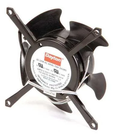Black skeleton axial fan, open frame, lead wires visible