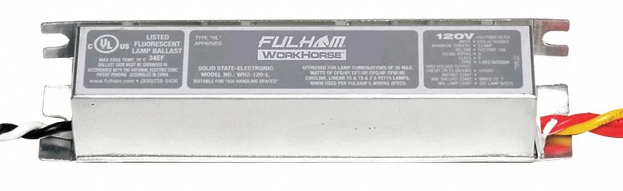Small rectangular electronic ballast in a plain metal case