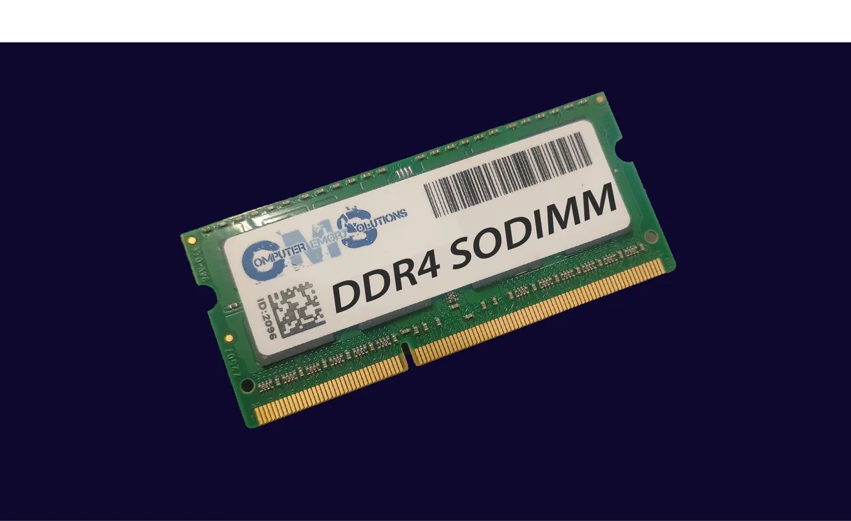 Green circuit board SODIMM module with black memory chips and gold edge connector