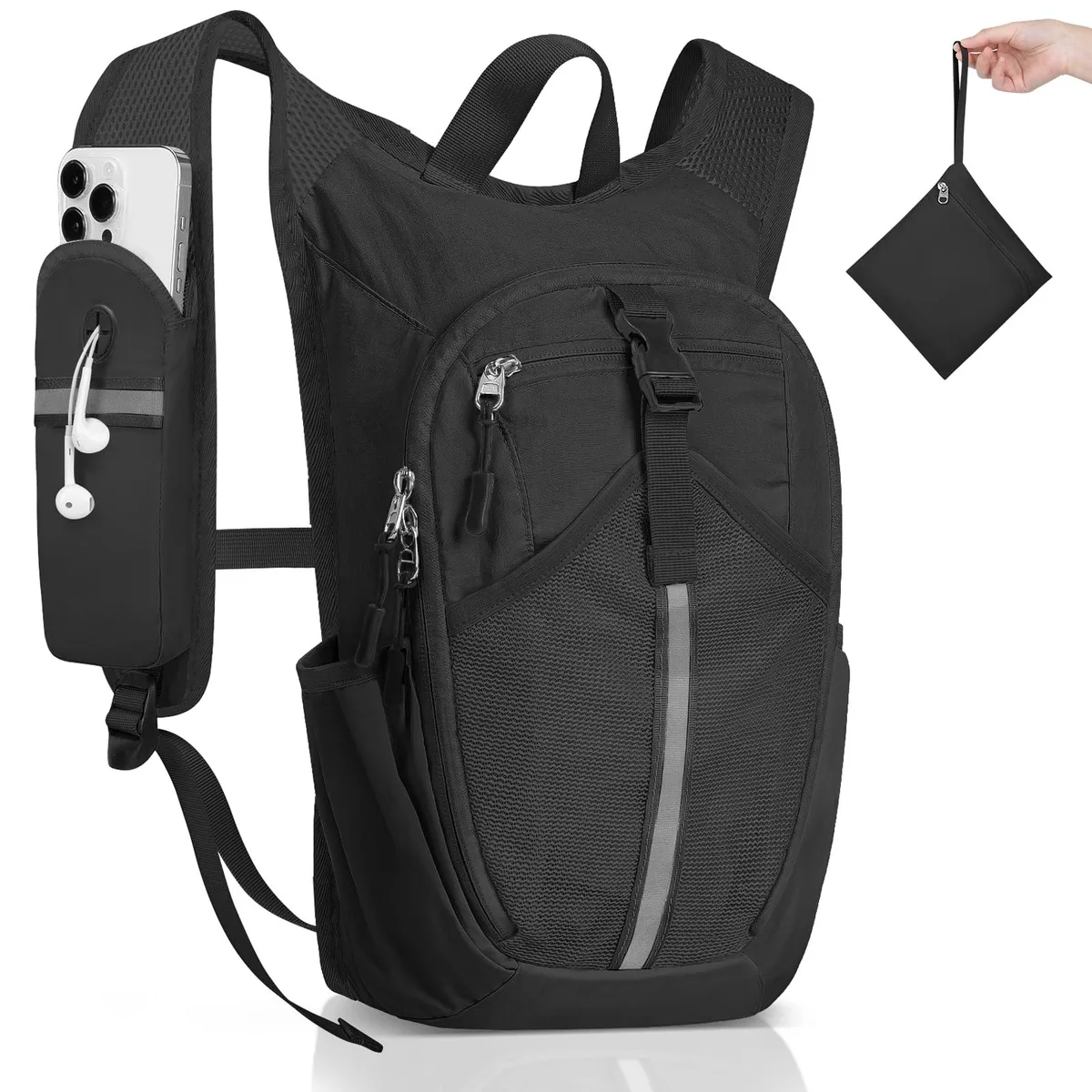 Black nylon 15L packable backpack folded into small pouch