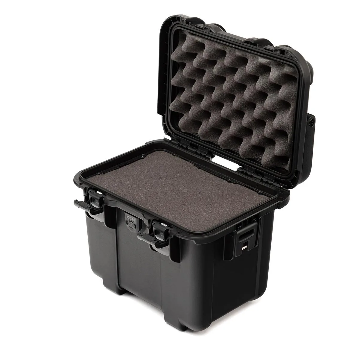 Black rectangular hard-shell camera case with top-loading lid and cube foam insert