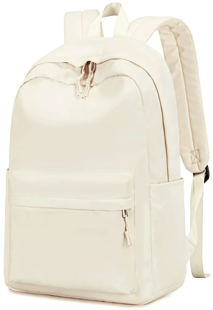 Solid beige polyester backpack with padded 15 inch laptop compartment and adjustable shoulder straps
