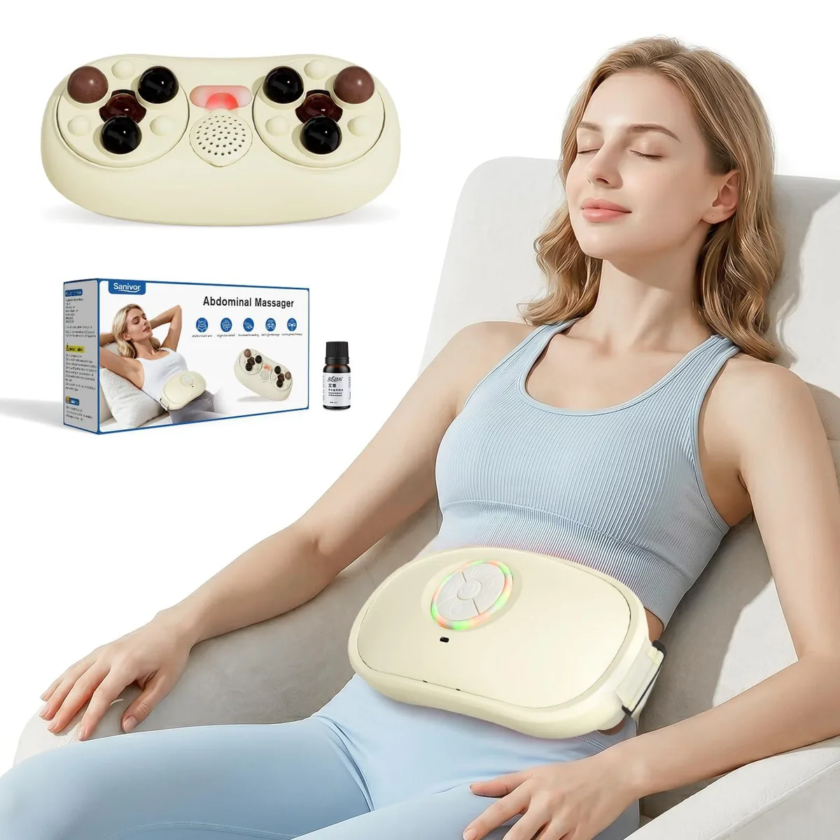 White rectangular abdominal massager with adjustable belt, smooth off-white plastic finish