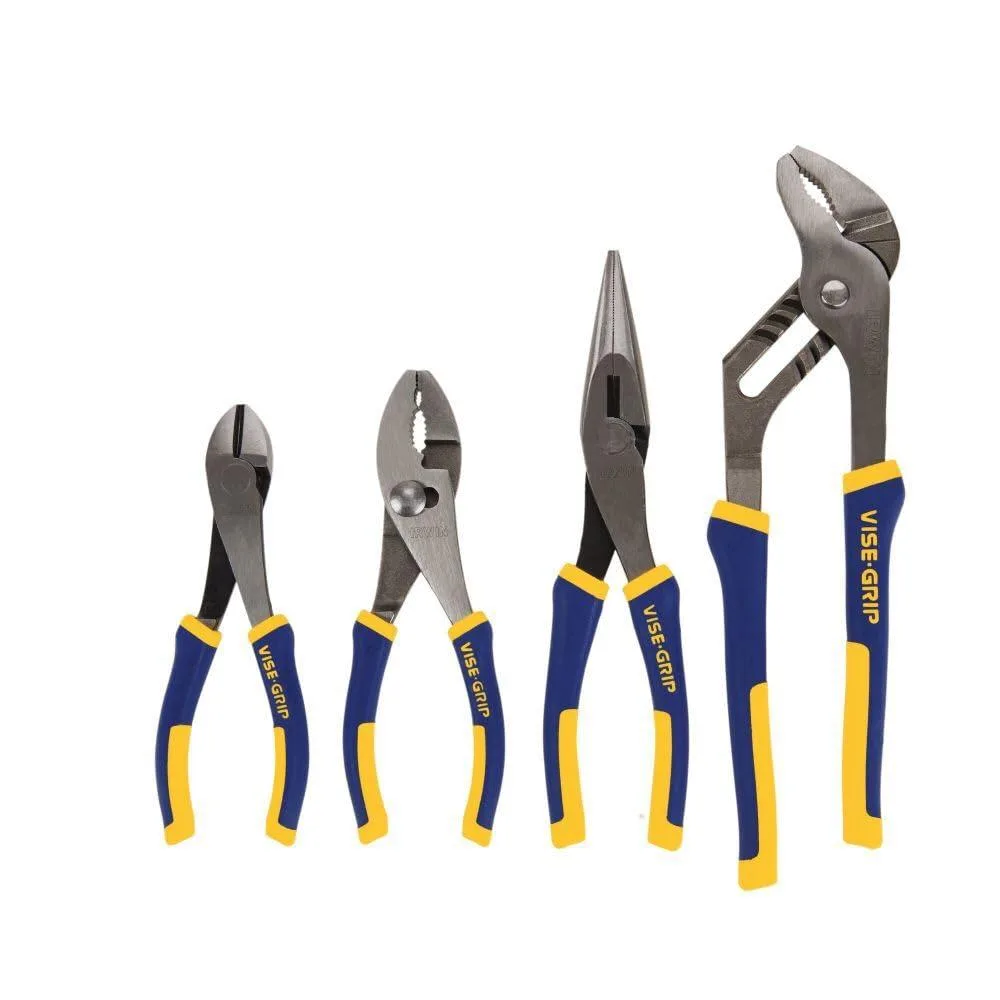 Blue four-piece pliers set with ProTouch grips in storage tray