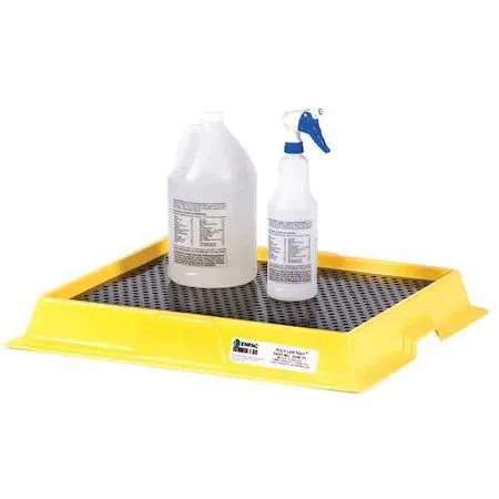 Yellow and black rectangular polyethylene spill tray with black grate, nestable design, 2.5 gal capacity