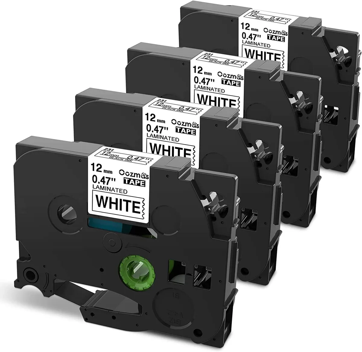 NShi NShi 12 mm 0.47 Inch Laminated Black on White TZe-231 Label Tape 4 Pack 3D Printers Accessories — product photo