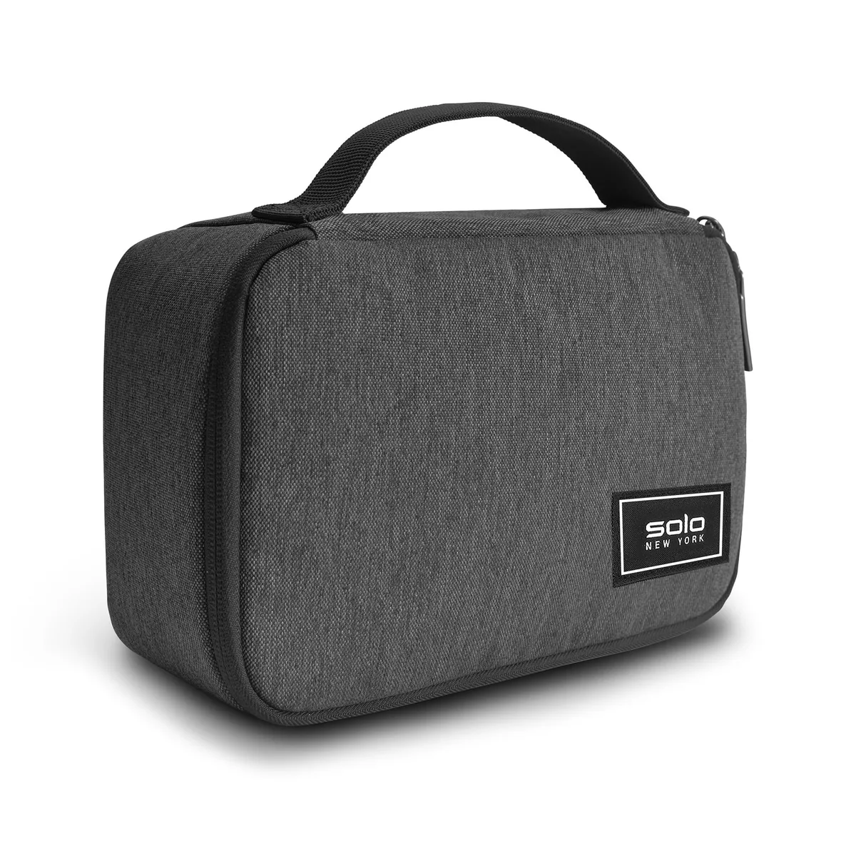 Gray padded tech case with zipper, webbing handle, and interior elastic loops for cable organization