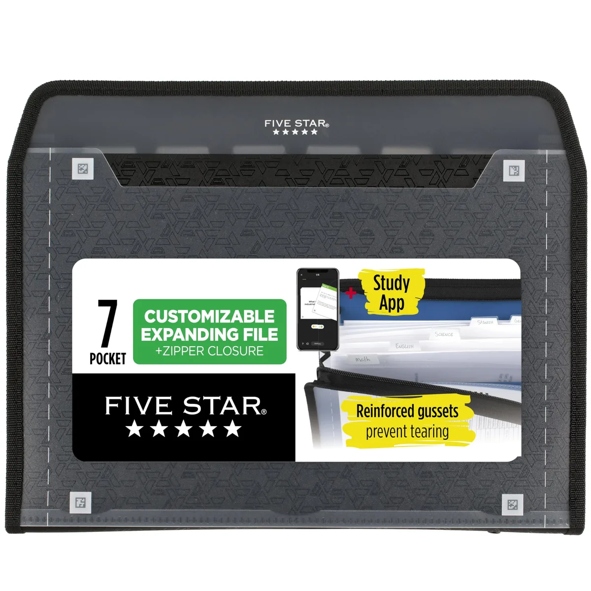 Black plastic expanding file with zipper closure and seven pockets