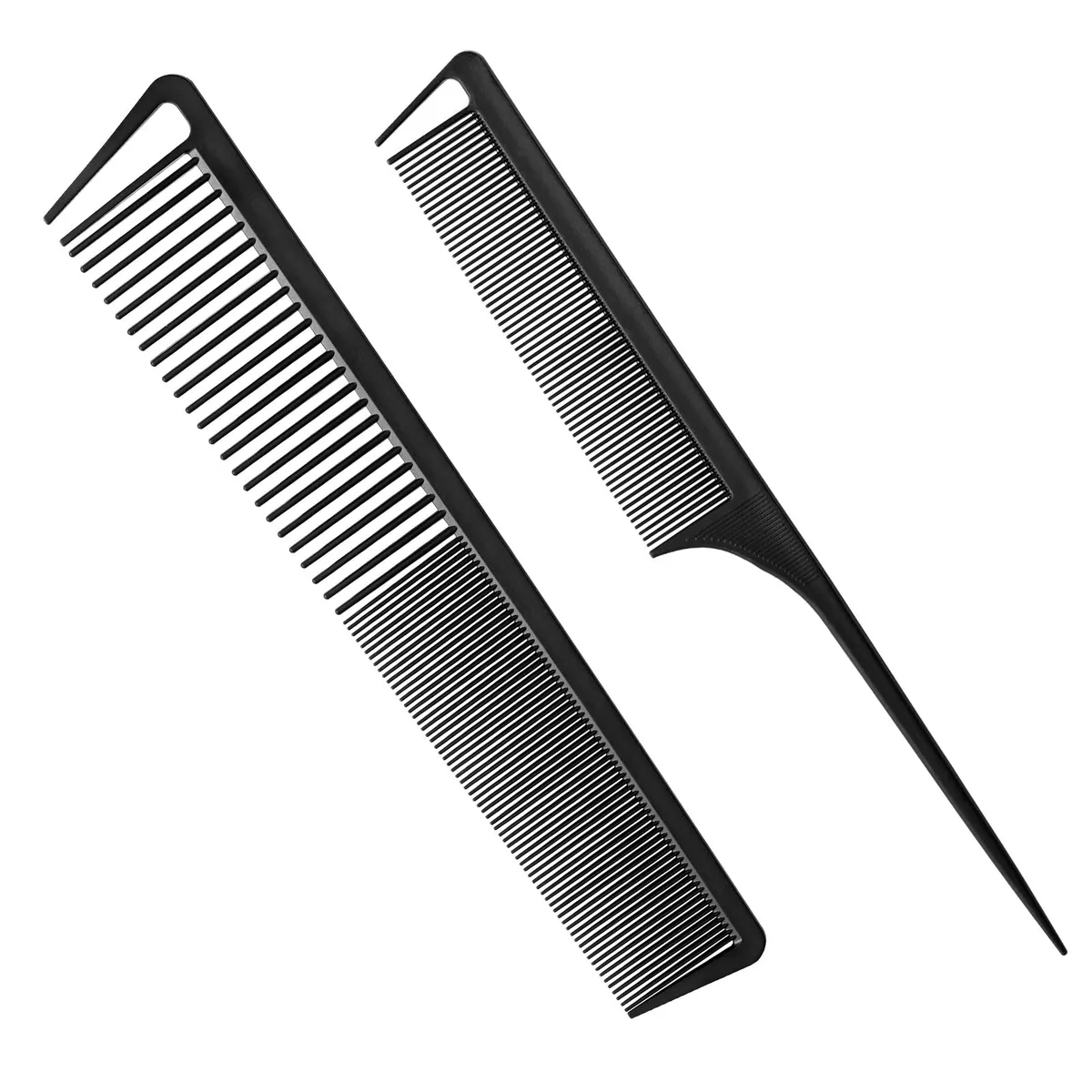 Two black polycarbonate combs: one rat-tail, one dual-sided wide and fine tooth