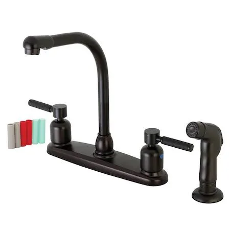 Kaiser 8-inch centerset kitchen faucet in oil-rubbed bronze with black silicone handles and matching side sprayer